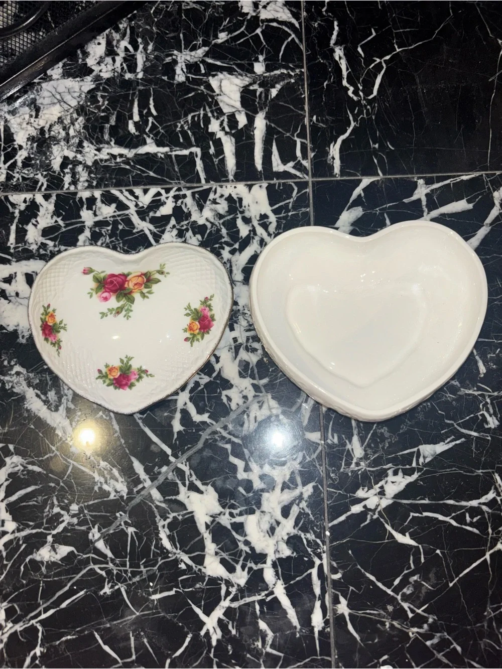 Royal Albert White Heart-Shaped Trinket Dish with Pink and Yellow Rose Motif